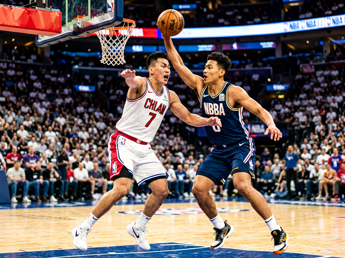 NBA篮球比赛现场，球员激烈对抗的精彩瞬间